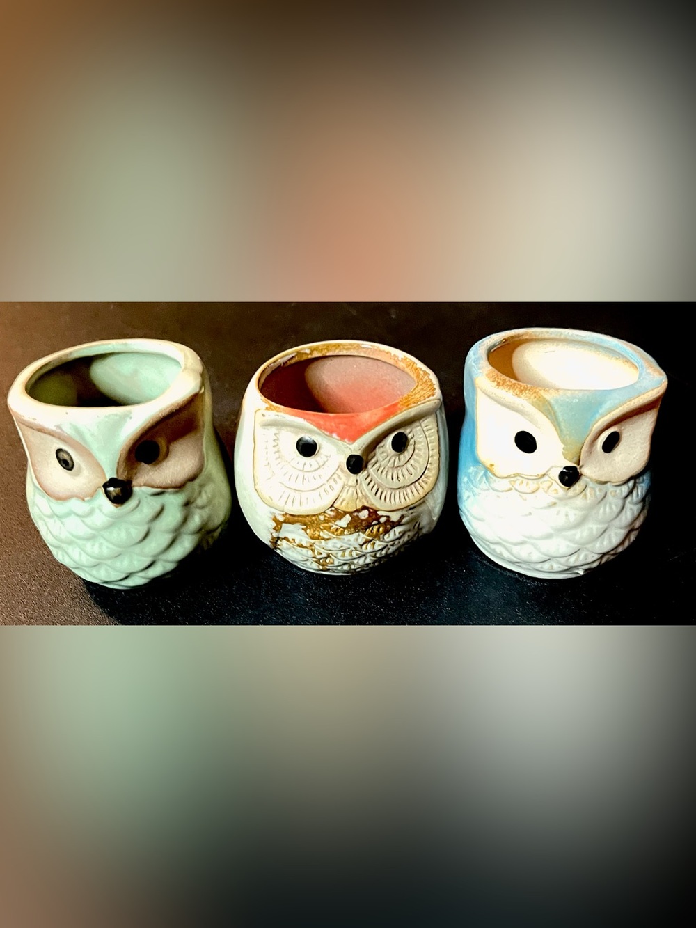 Set of 3 Ceramic Owl Votive Candle Holder - Cream and Coral